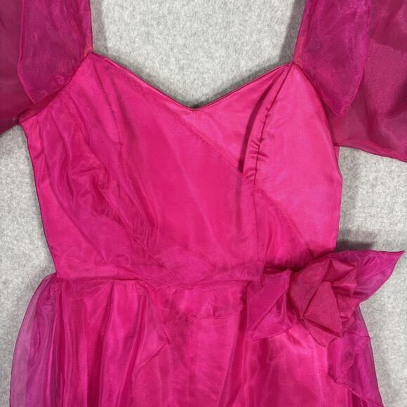 VTG 80s Prom Dress Medium Pink Puff Organza Sheer Overlay Bow Pencil Skirt Cape - Picture 6 of 14